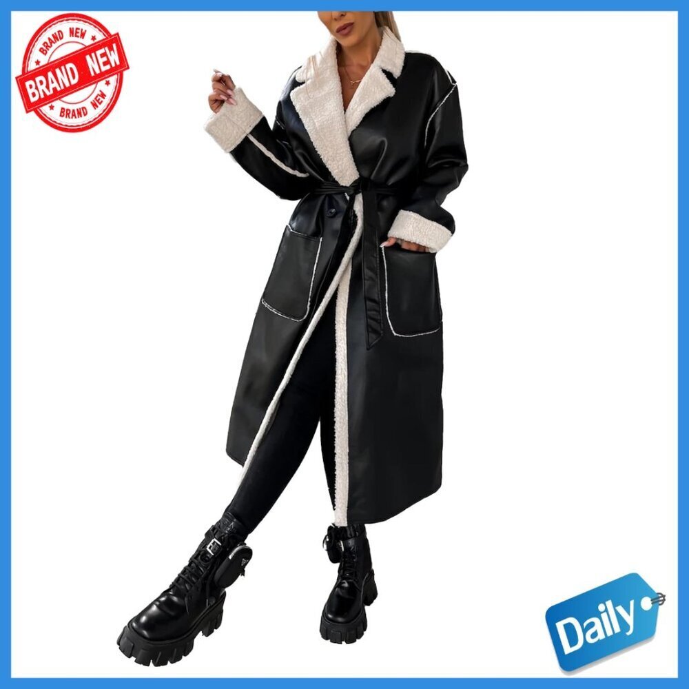 Faux Leather Sherpa-Lined Long Bomber Jacket with Belt, Winter Coat